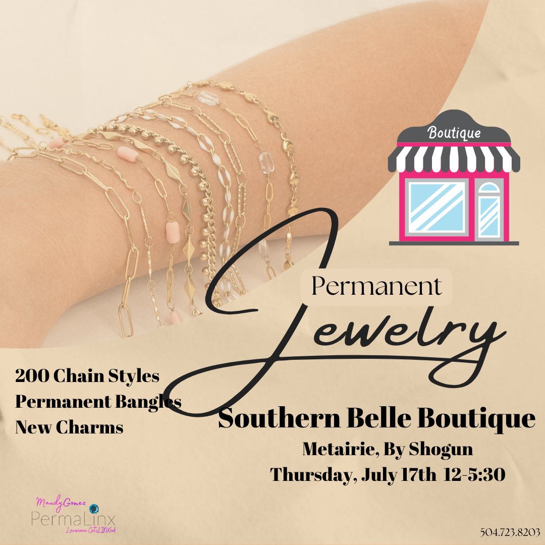 So very excited to be back at Southern Belle Boutique Metairie (by Shogun) this Thursday 7/17 from 12-5:30.

With a full stock and 20 new bracelet styles (now over 200 total styles)…..there has never been a better time to come see me and get your LINX!!! 

RSVP here for 💲5️⃣ off your first LINX! 

#permanentjewelry #smallbusinessbigdreams #jewelryaddict